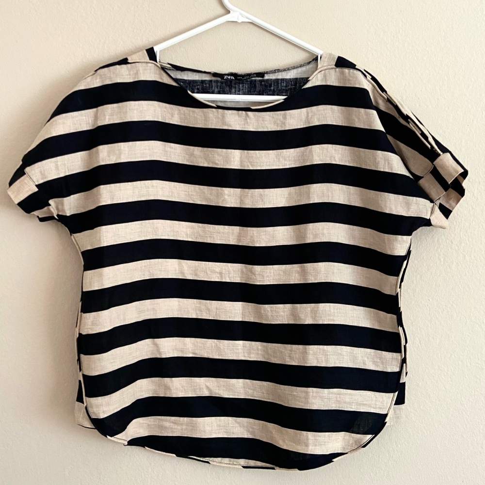 ZARA linen tan and black striped top Size Small